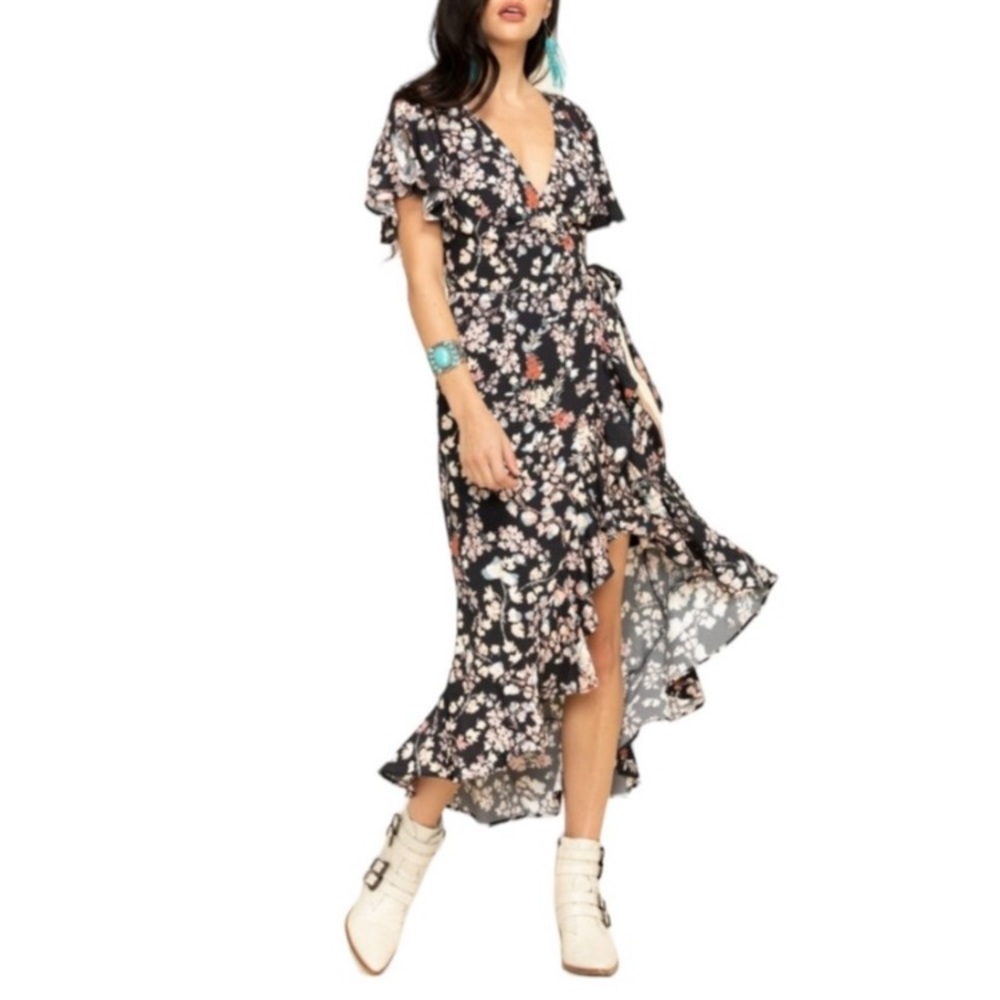 Nikki & Erin Dress Womens Size M Medium Black Floral Wrap Flounce High L…